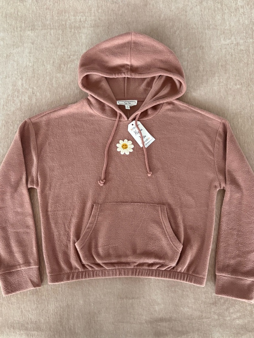 Hippie Rose Dusty Rose Pullover Cropped Hoodie with Daisy Patch - Size M NWT